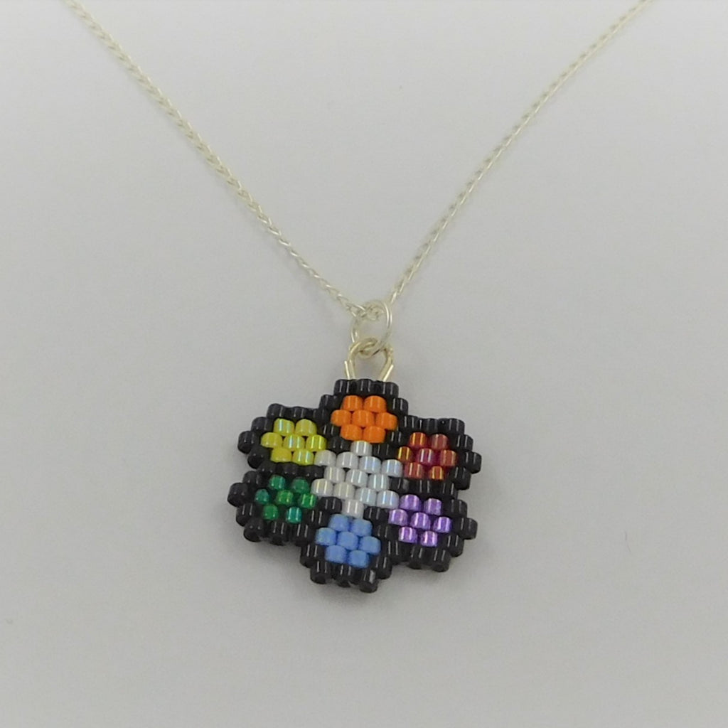 Handmade Beaded Rainbow Flower Pendant with Sterling Silver Chain
