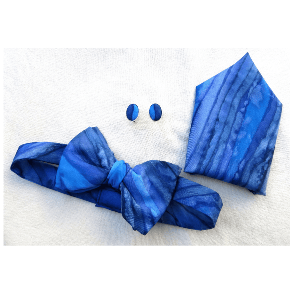 Silk Bow Tie, Cufflinks and Hankie Set in Blue Shades - Original Craft Market