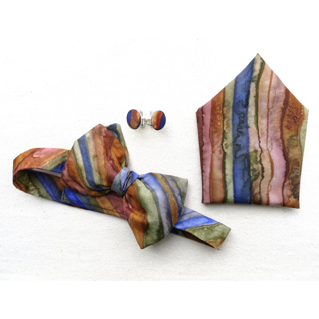 Silk Bow Tie, Cufflinks and Hankie Set in Blue and Rust - Original Craft Market