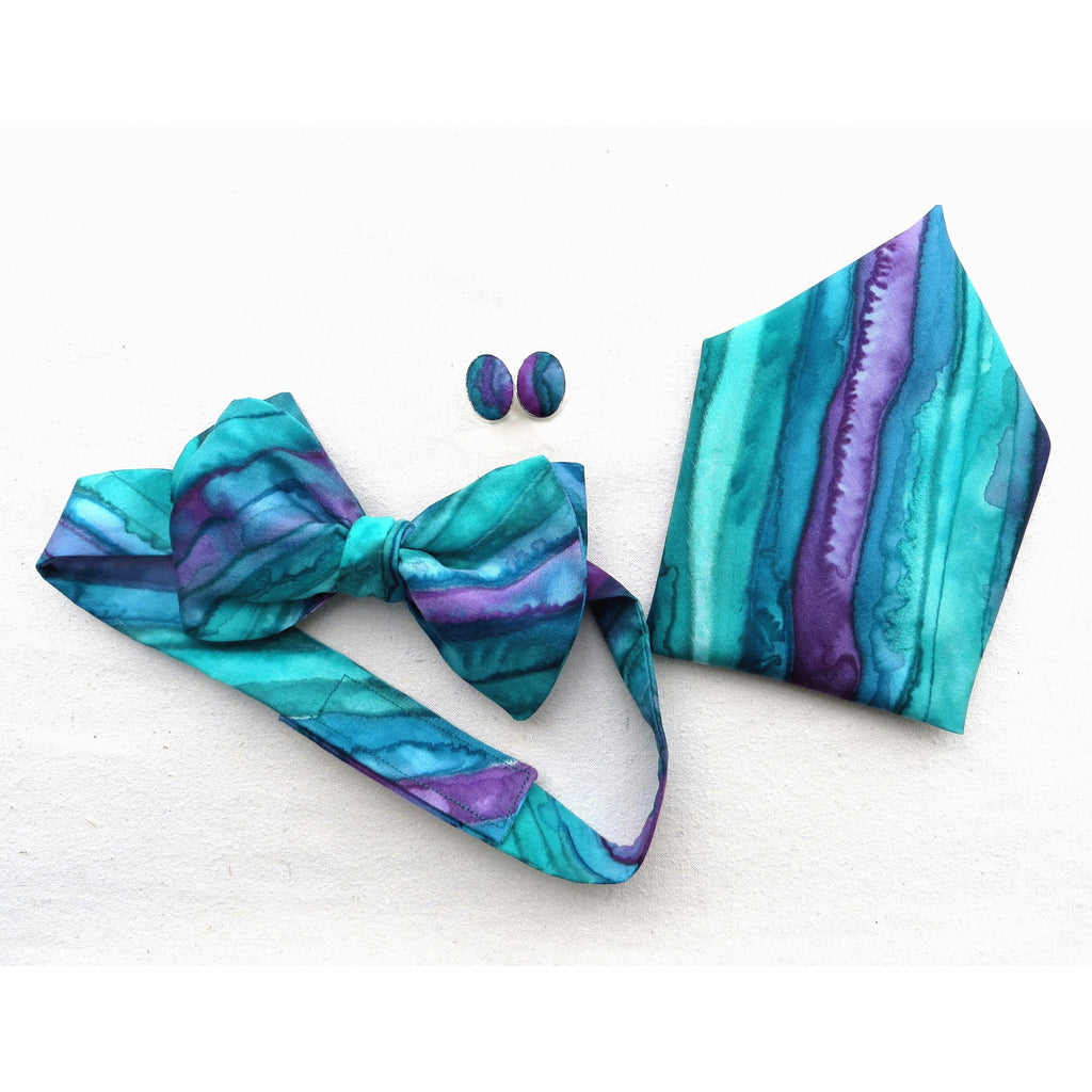Silk Bow Tie, Cufflinks and Hankie Set in Sea Shades and Plum - Original Craft Market