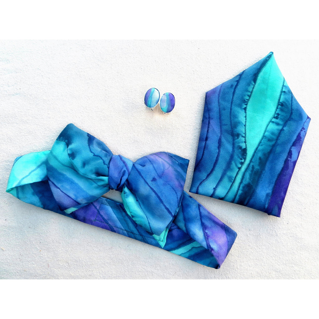 Silk Bow Tie, Cufflinks and Hankie Set in Turquoise and Lilac - Original Craft Market