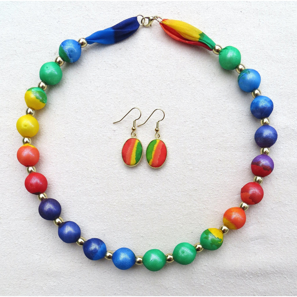 Large Bead Silk Necklace with matching Earrings in Rainbow Shades - Original Craft Market