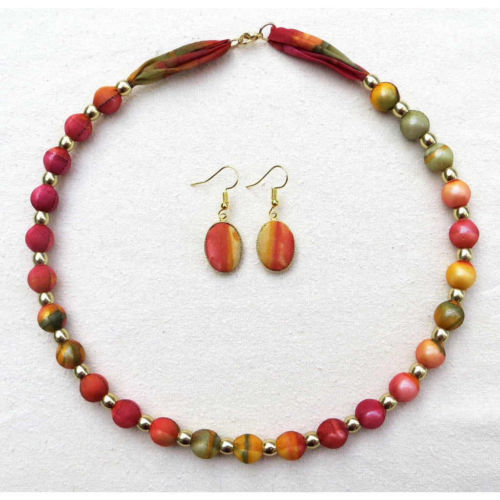 Small Bead Silk Necklace with matching Earrings in Autumn Red and Gold - Original Craft Market