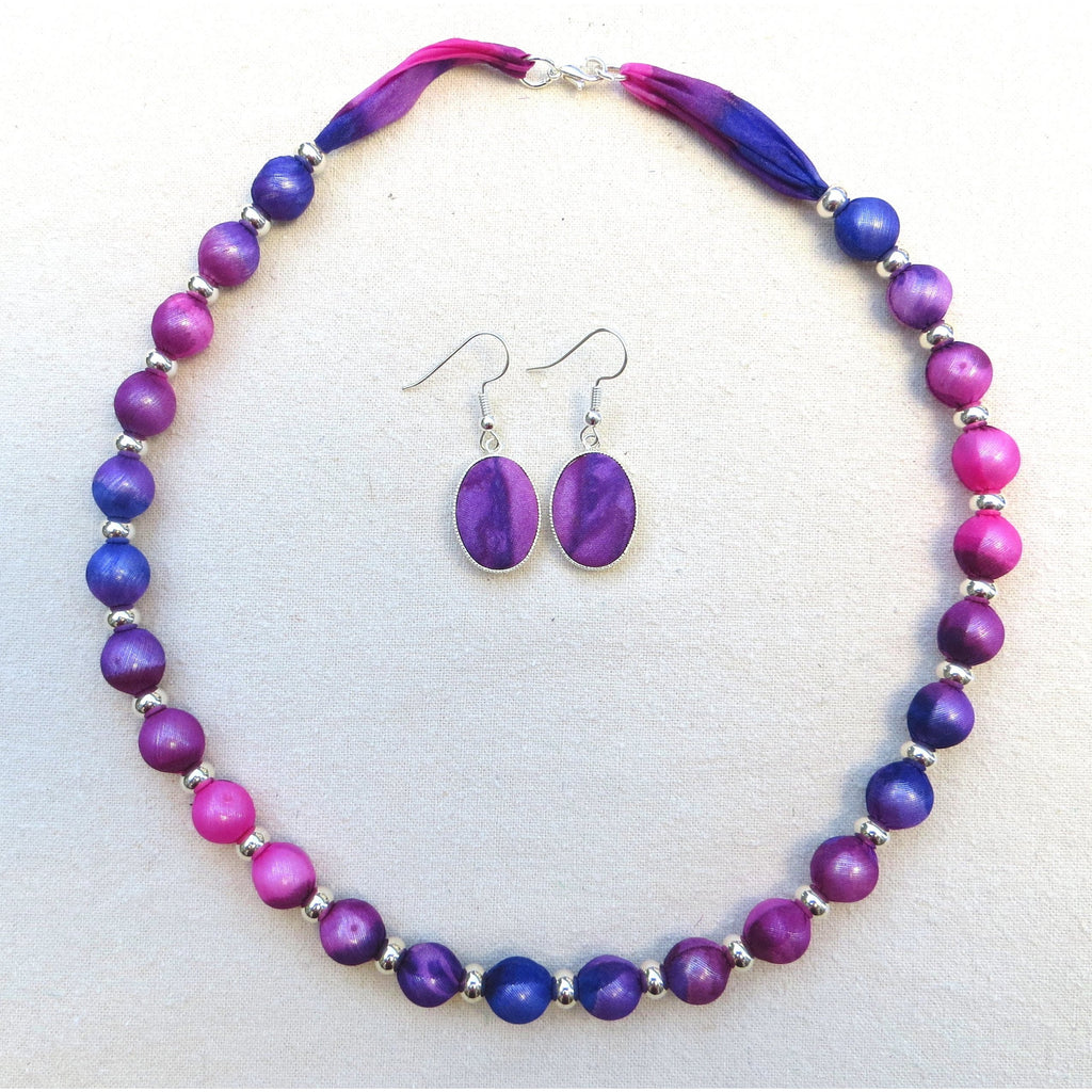 Small Bead Silk Necklace with matching Earrings in Blue and Raspberry - Original Craft Market