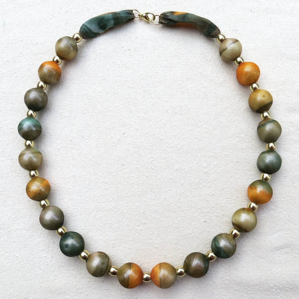 Large Bead Silk Necklace Autumn Olive and Gold