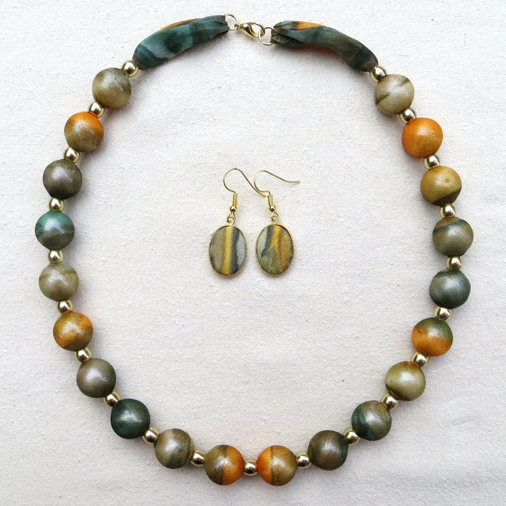 Large Bead Silk Necklace with matching Earrings in Autumn Olive and Gold