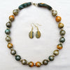 Large Bead Silk Necklace with matching Earrings in Autumn Olive and Gold