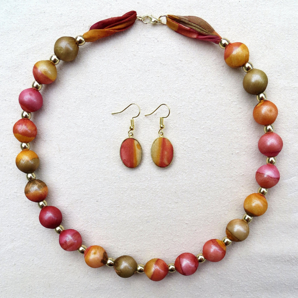 Large Bead Silk Necklace with matching Earrings in Autumn Red and Gold