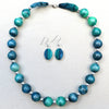 Large Bead Silk Necklace with matching Earrings in Sea Shades and Blue