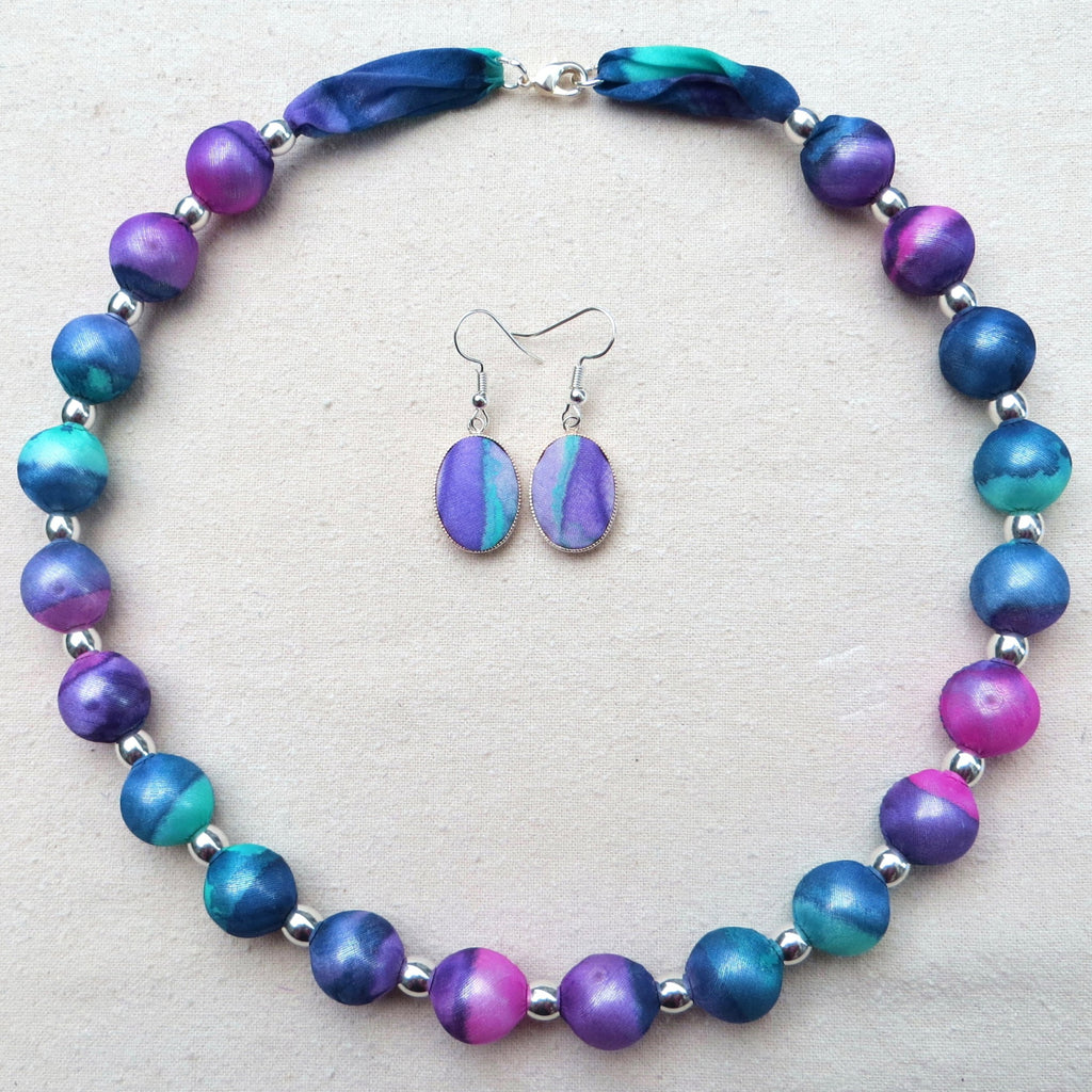 Large Bead Silk Necklace with matching Earrings Turquoise and Pink