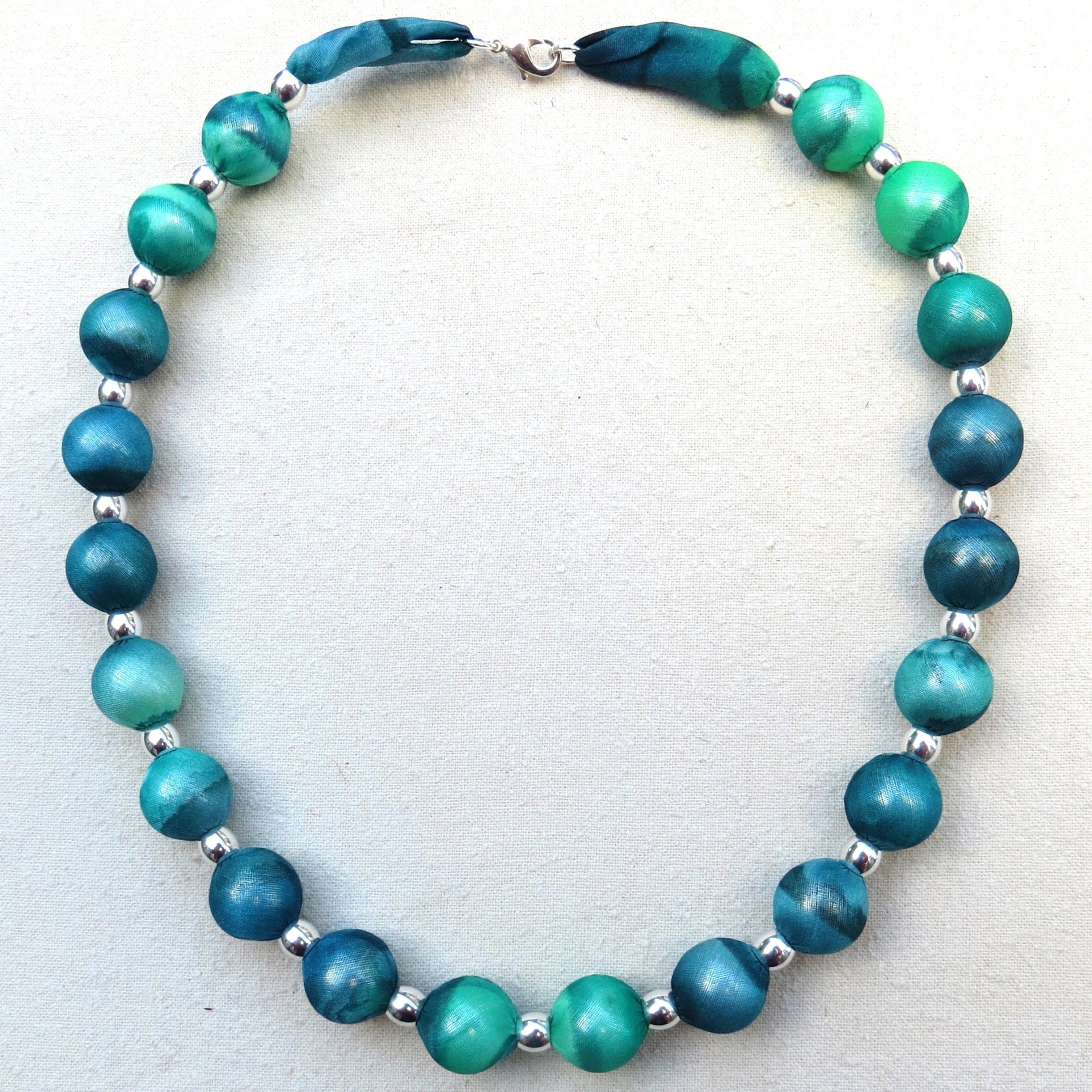 Large Bead Silk Necklace Sea Shades and Blue