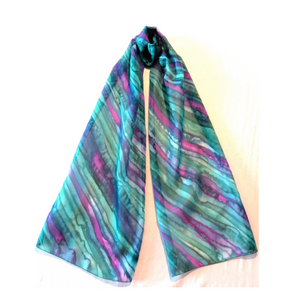 Long Length Silk Scarf Sea Shades and Plum