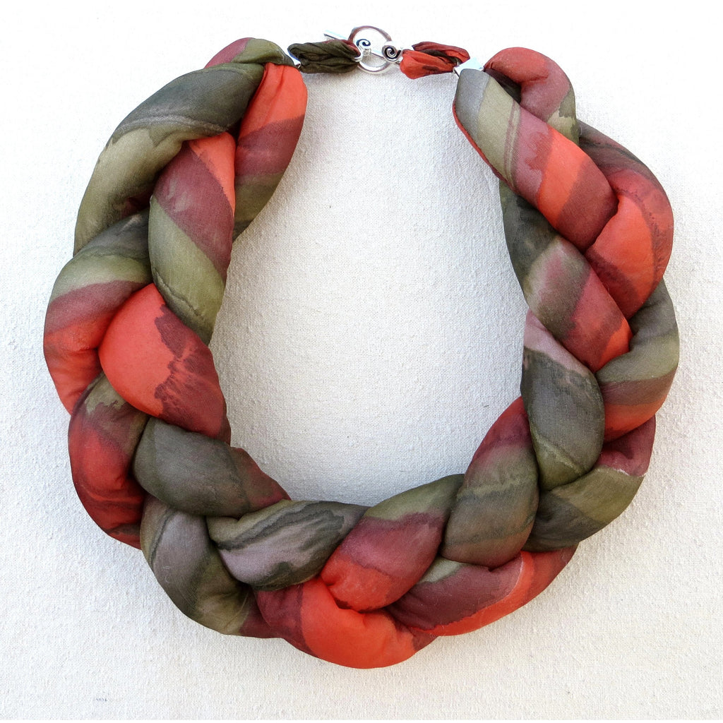 Plaited Silk Necklace Scarf in Autumn Orange and Olive - Original Craft Market