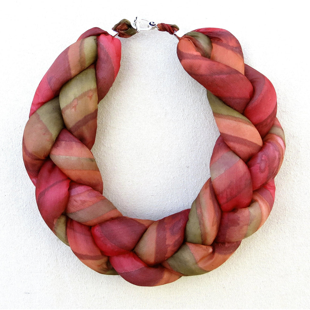 Plaited Silk Necklace Scarf Autumn Red and Olive - Original Craft Market