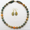 Small Bead Silk Necklace with matching Earrings Autumn Olive and Gold
