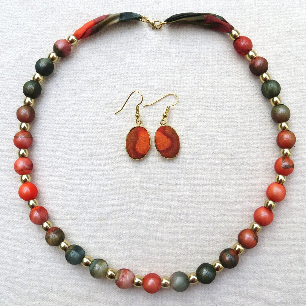 Small Bead Silk Necklace with matching Earrings Autumn Orange and Green