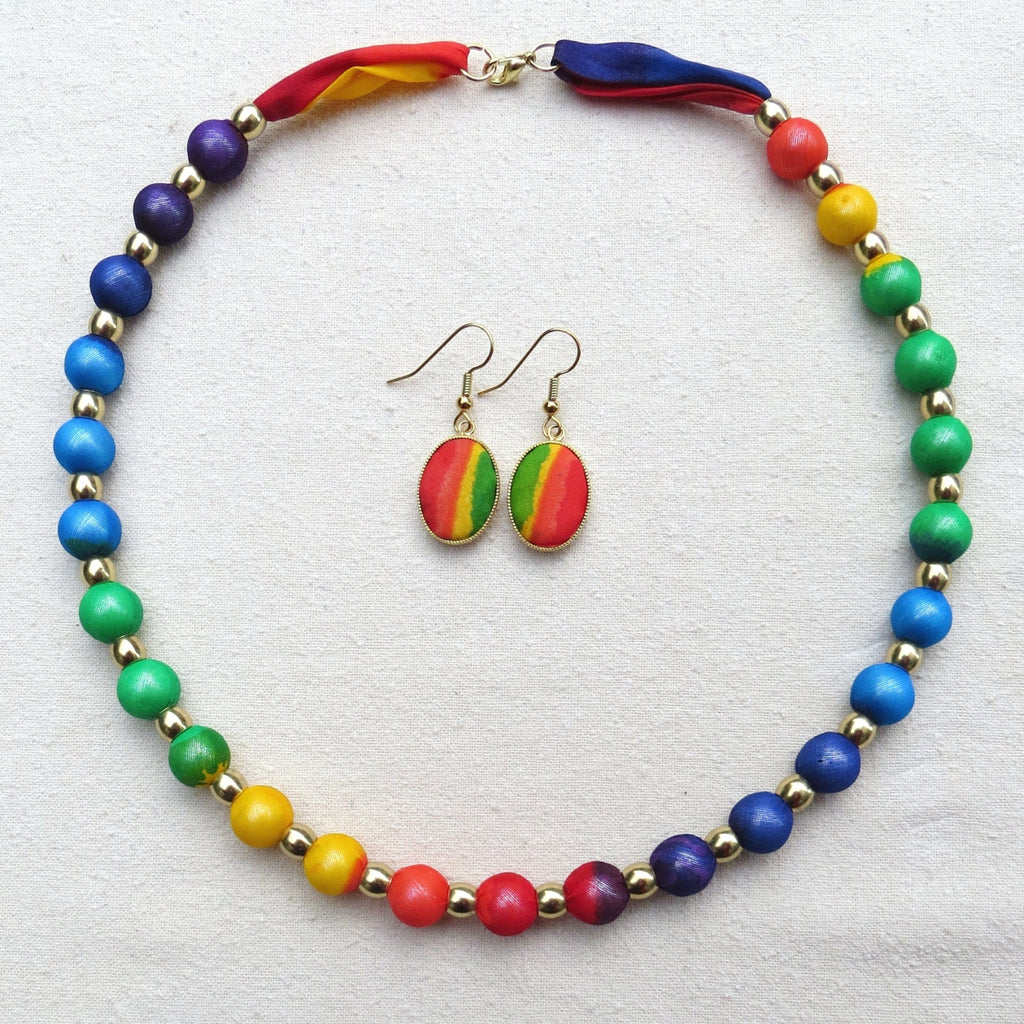 Small Bead Silk Necklace with matching Earrings Rainbow