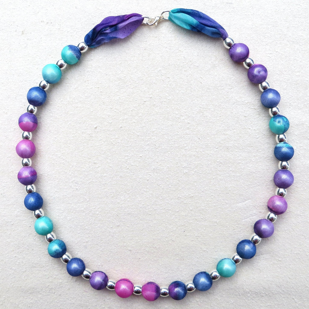 Small Bead Silk Necklace Turquoise and Pink