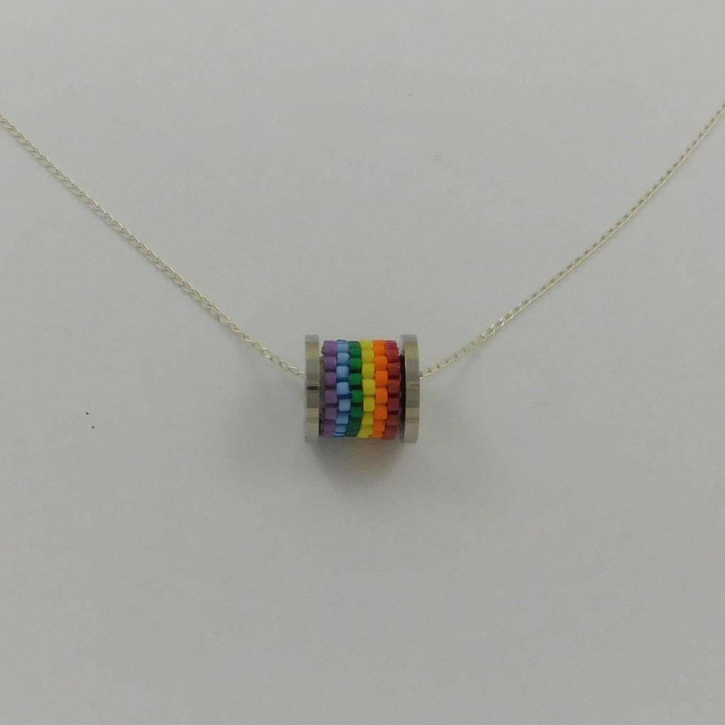 Stainless Steel Barrel Pendant with Beaded Striped Rainbow insert and Sterling Silver Chain