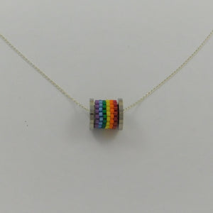 Stainless Steel Barrel Pendant with Beaded Striped Rainbow insert and Sterling Silver Chain